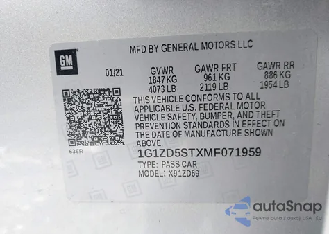 2021 Chevrolet Malibu Fwd Lt z USA, uszkodzony, nr VIN 1G1ZD5STXMF071959